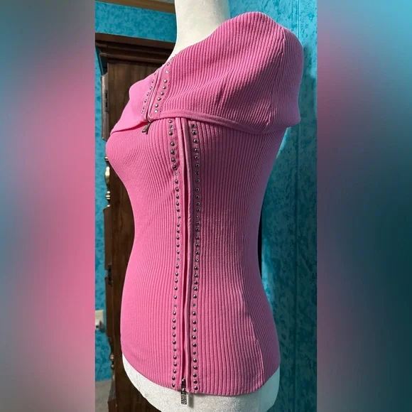 Cache pink full front zip off shoulder top - Picture 3 of 8